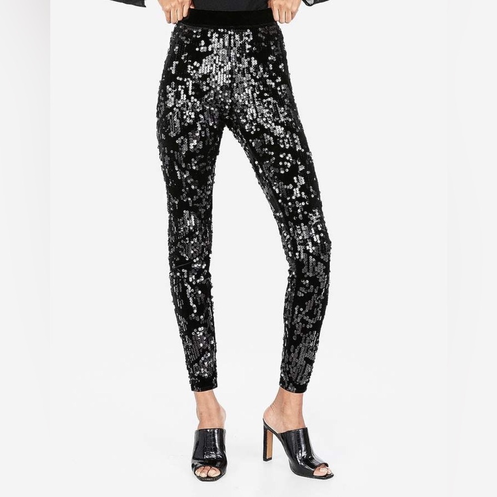 EXPRESS Sequin Velvet Black Pants Leggings‎ Stretchy Size M Holiday Party Event